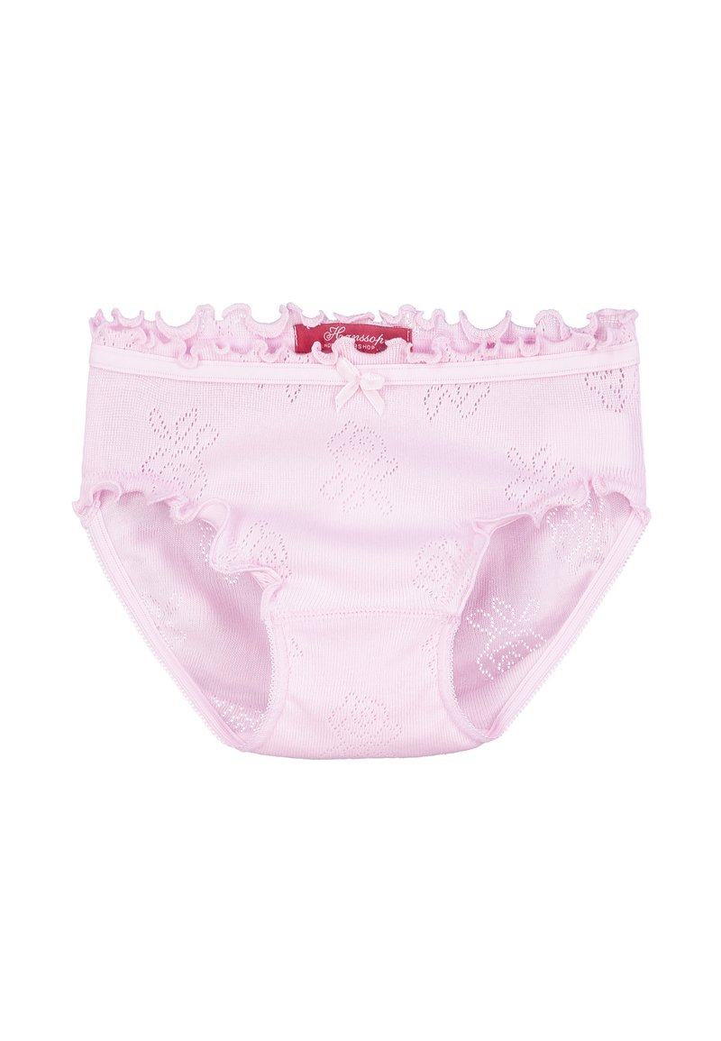 Pink cotton underwear with a ruffled waistband, floral patterns, and a small bow accent at the front. Smooth texture and comfortable fit.