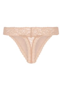 String en nude avec dentelle. Doté d'une taille et d'une bordure en dentelle florale. Tissu doux avec un design sans coutures pour le confort.