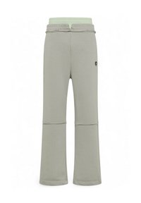 Lichtgrijze loungebroek met een mintgroene elastische tailleband, voorzien van een recht model en een klein zwart logo aan de zijkant.