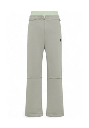 Hellgraue Lounge-Hose mit einem elastischen Bund in Minzgrün, gerade geschnittene Beine und ein kleines schwarzes Logo an der Seite.