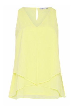 Mouwloze lichtgele blouse met laagjes, V-hals en een oogje met knoopsluiting aan de achterkant, gemaakt van een licht en soepel materiaal.