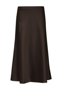 Brązowa satynowa spódnica midi o delikatnym połysku, gładkiej fakturze i rozszerzanym kroju sięgającym tuż poniżej kolana. Bez widocznych zapięć ani wzorów.