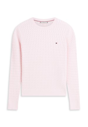 Ανοιχτό ροζ πλεκτό πουλόβερ με υφασμένο μοτίβο διαμαντιού, στρογγυλή λαιμόκοψη και ριμπ μανσέτες και τελείωμα. Μικρό κεντημένο λογότυπο στο στήθος.