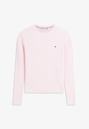 Vaaleanpunainen neulottu neule, jossa on teksturoitu timantinmuotoinen kuvio, pyöreä pääntie sekä resorit hihansuissa ja helmassa. Pieni brodeerattu logo rinnassa.