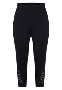 Zwarte capri-legging gemaakt van rekbaar materiaal, met een hoge tailleband en een stippenpatroon met uitsparingen nabij de zoom.