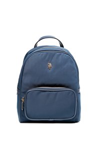 Blå nylonryggsäck med rundad form, framficka med dragkedja, liten emblem på framsidan och svart handtag. Har en slät yta.