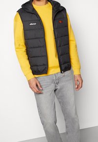 Svart pufferväst med huva och dragkedjestängning, med en logotyp på vänster bröst; bärs över en gul sweatshirt och grå jeans.