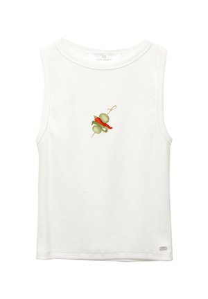 Wit mouwloos tanktop gemaakt van katoen, met een borduring van groene pepers en een rode chili op een spies in het midden.