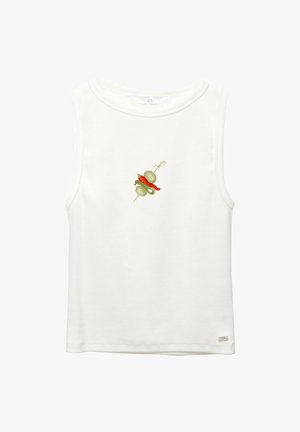 Wit mouwloos tanktop gemaakt van katoen, met een borduring van groene pepers en een rode chili op een spies in het midden.