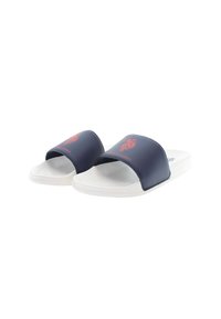 Mörkblåa slide-sandaler med en bred, mjuk rem och vit sula. Har en röd logotyp på remmen och en strukturerad fotbädd för komfort.