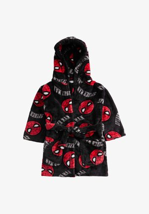 Batín de forro polar negro con estampado de máscara de Spider-Man en rojo, capucha, mangas cortas, cinturilla y bolsillos. Textura suave con un diseño divertido.