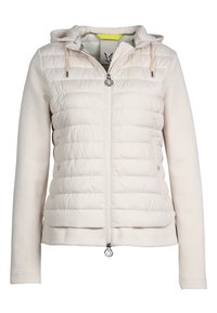 Chaqueta acolchada color beige claro con capucha, bandas elásticas en los puños, cierre de cremallera y forro interior de color contrastante. Presenta un tirador de cremallera con logo.