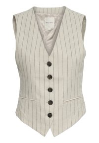 Liivistä yhdistelty vaalea beige kangas, jossa mustat pystysuorat raidat. Siinä on V-aukko, kuusi nappia ja kaksi sivutaskua.