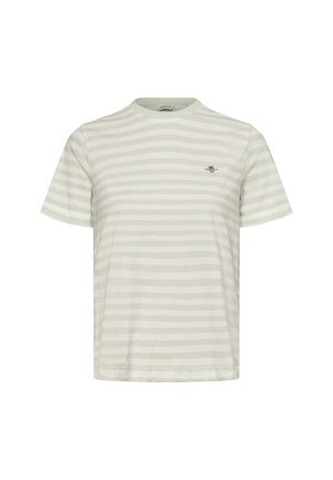 Hellgrünes T-Shirt mit kurzen Ärmeln und horizontalen weißen Streifen. Das Design mit Rundhalsausschnitt verfügt über ein kleines Logo auf der Brust. Weicher, strukturierter Stoff.