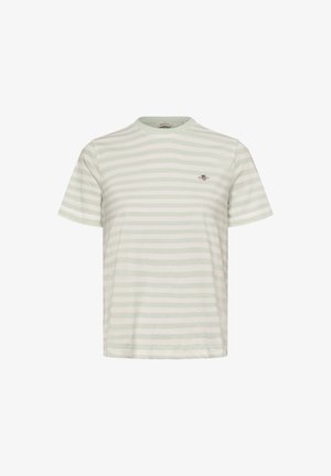 Light green short-sleeve t-shirt with horizontal white stripes. Crew neck design features a small logo on the chest. Soft, textured fabric.