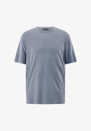 Kurzärmeliges T-Shirt mit Rundhalsausschnitt in Hellblau, schlichtes Design mit weicher, glatter Textur und regulärer Passform.