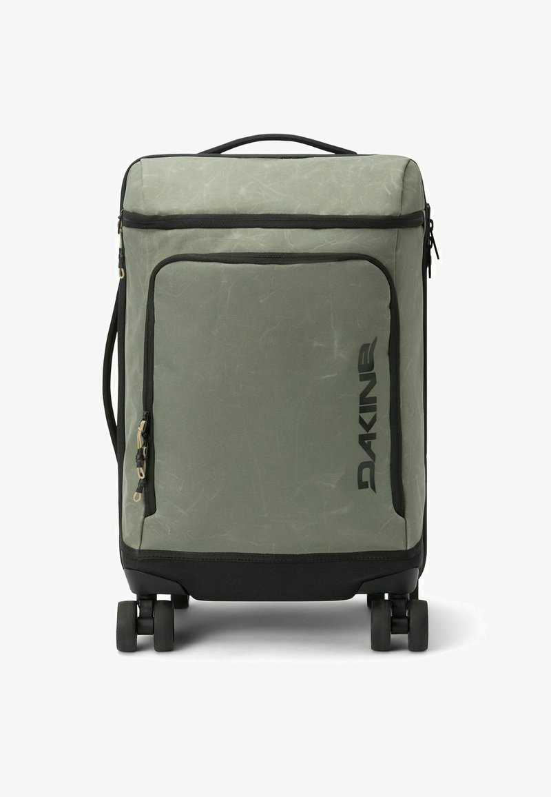 Valigia a rotelle in tessuto verde chiaro, con dettagli neri, tasca frontale con zip, logo, quattro ruote e maniglia superiore per un facile trasporto.