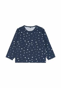 Tengerészkék, hosszú ujjú póló, puha anyagból készült, fehér csillagmintával az egész felületen, vállán gombokkal a könnyű öltözködés érdekében.