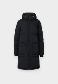 Sort polstret lang jakke med lynlås foran, justerbar hætte, to forlommer og ribbede manchetter. Glat tekstur med en let vægt.