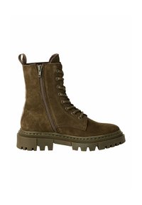 Bottine en daim marron avec fermeture éclair latérale, devant à lacets, languette à tirage, et semelle épaisse en caoutchouc avec crampons.