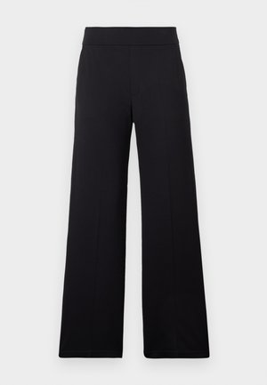 Pantalon noir à jambes larges avec une taille ajustée et un devant lisse, présenté sur un fond clair uni.