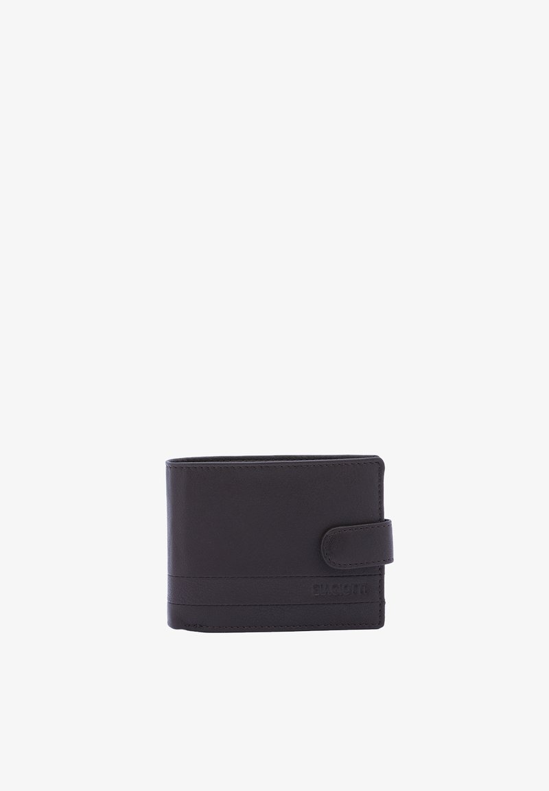 Portefeuille noir en cuir à deux volets avec fermeture à bouton pression et nom de marque discrètement embossé dans le coin inférieur droit avant.