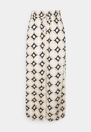 Maxi-Rock aus einem leichten Stoff mit einem geometrischen Muster in Schwarz, Pink und Goldtönen. Elastischer Bund mit einem Kordelzug.