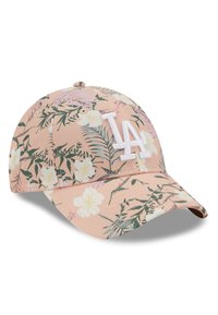 Floral-patterned cap in pastel pink fabric with white LA logo. Curved brim and textured surface with green leaves and flowers.