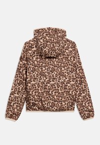 Κουκούλα με καφέ και μπεζ λεοπάρ μοτίβο, μακριά μανίκια και ελαστικές μανσέτες, εμφανίζεται από πίσω σε λευκό φόντο.