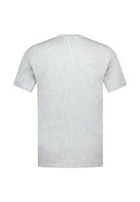 T-shirt gris clair à manches courtes en coton, avec une texture lisse et une couture subtile courant le long du milieu du dos.