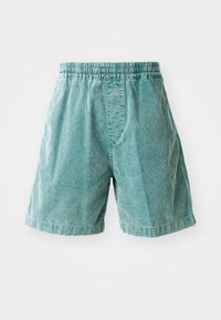 Türkise Cordshorts mit elastischem Bund, seitlichen Taschen und geradem Schnitt. Texturiertes Material mit sichtbaren Rillen.