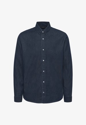 Cămașă din denim închis cu nasturi, guler, mâneci lungi și nasturi albi, având o textură netedă și un tiv drept.