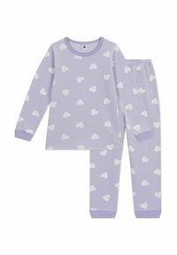 Set di pigiama viola chiaro composto da una maglia a maniche lunghe e pantaloni, decorato con motivi a cuore bianchi. Materiale in morbido cotone con polsini a coste.