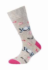 Gray cotton sock with a pink toe and heel. Features blue fish illustrations and text "Be Happy" and "Love" in pink and black.