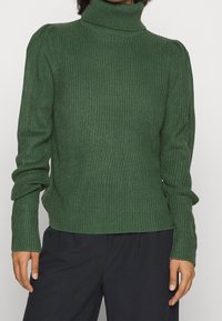 Pull vert à col roulé avec une texture côtelée, doté de manches longues et d'une coupe ajustée, associé à un pantalon foncé.