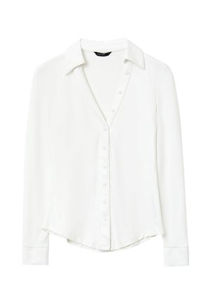 Blouse blanche à manches longues avec col pointu, fermeture à boutons et ourlet arrondi. Fabriquée en tissu lisse avec un éclat subtil.