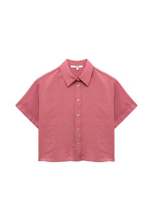 Kurzärmeliges, kragenloses Hemd in staubrosafarben. Hergestellt aus strukturiertem Stoff mit einer durchgehenden Knopfleiste, die goldene Knöpfe aufweist.
