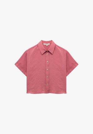 Kurzärmeliges, kragenloses Hemd in staubrosafarben. Hergestellt aus strukturiertem Stoff mit einer durchgehenden Knopfleiste, die goldene Knöpfe aufweist.