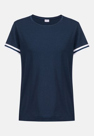 Marineblaues Kurzarm-T-Shirt aus weichem Stoff, mit Rundhalsausschnitt und weißen Streifen an den Ärmelabschlüssen für einen Kontrast.