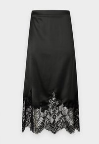 Zwarte satijnen rok met een geschulpte zoom en ingewikkeld zwart kanten detail. Soepele textuur met een aansluitende pasvorm, ontwerp tot op de knie.