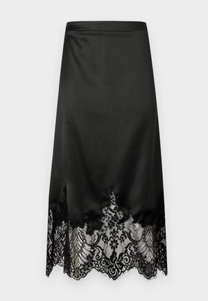 Sort satin nederdel med en bølget kant og detaljeret sort blonder. Glat tekstur med en tætsiddende silhuet, knælængde design.