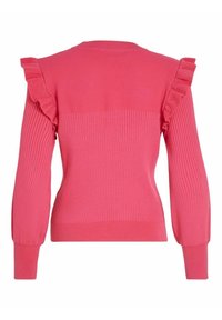 Pull rose en maille côtelée avec manches longues et détails à volants sur les épaules, vu de dos.