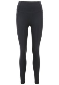 Schwarze Leggings mit hohem Bund, aus dehnbarem Material. Sie verfügen über eine glatte Textur und ein figurbetontes Design ohne sichtbare Nähte.