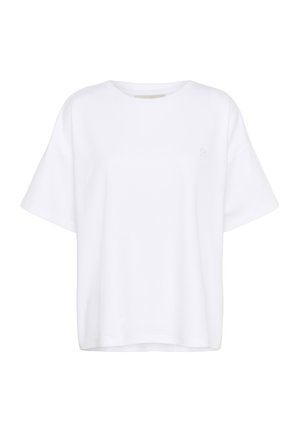 White cotton T-shirt with a relaxed fit, round neck, and short sleeves. Features a small logo on the front left side. Smooth texture.