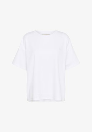 Valge puuvillane T-särk lõdva lõikega, ümar kaelus ja lühikesed varrukad. Esiküljel on väike logo vasakul küljel. Sile tekstuur.