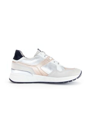 Silver, white, and beige sneaker with black heel tab, white thick sole, and lace-up front, shown from the side on a white background.