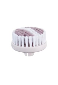 Cabezal redondo de cepillo eléctrico facial con cerdas blancas y violeta claro sobre fondo blanco