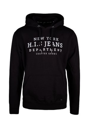 Zwarte hoodie van katoen, met een voorste buidelzak, een capuchon met koord en witte bedrukte tekst op de borst. Geribbelde manchetten en zoom.