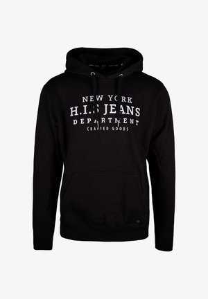 Felpa nera realizzata in cotone, con tasca kangaroo frontale, cappuccio con cordino e scritta bianca stampata sul petto. Polsini e orlo a coste.