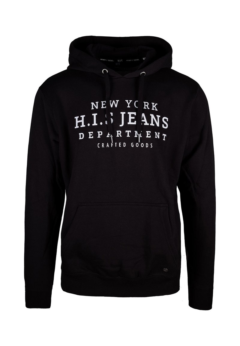 Sudadera negra de algodón, con un bolsillo canguro en la parte delantera, capucha con cordón y texto impreso en blanco en el pecho. Puños y dobladillo acanalados.
